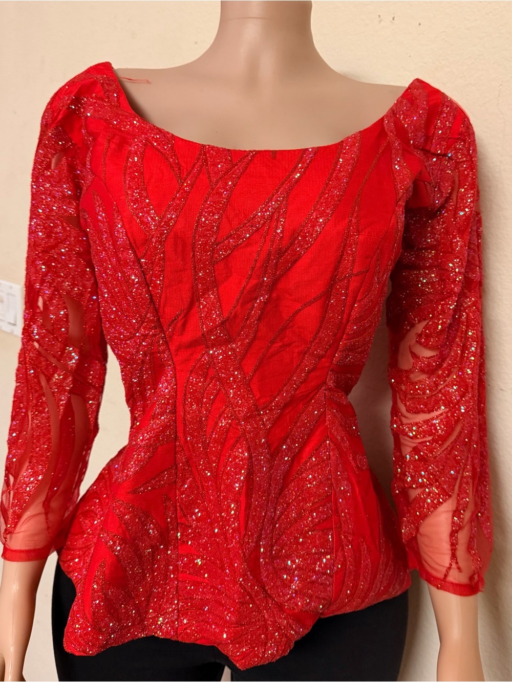 Red Sequin Peplum Evening Blouse